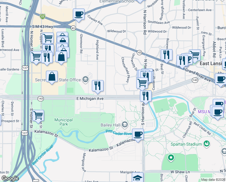 map of restaurants, bars, coffee shops, grocery stores, and more near 1116 East Michigan Avenue in East Lansing