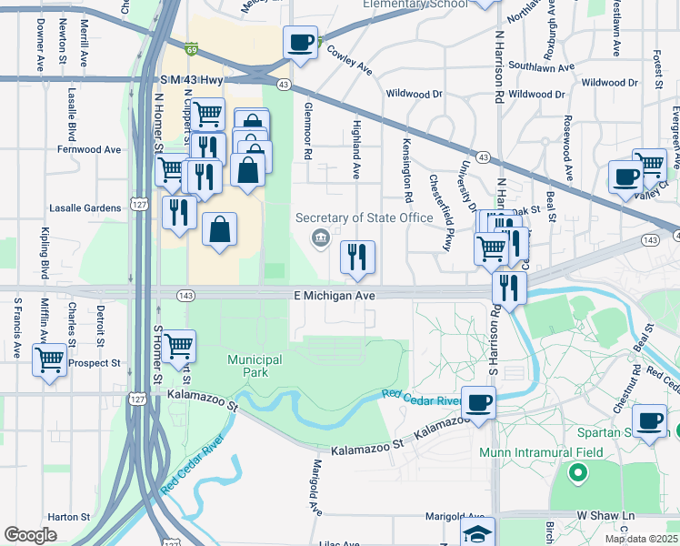 map of restaurants, bars, coffee shops, grocery stores, and more near 3433 East Michigan Avenue in Lansing
