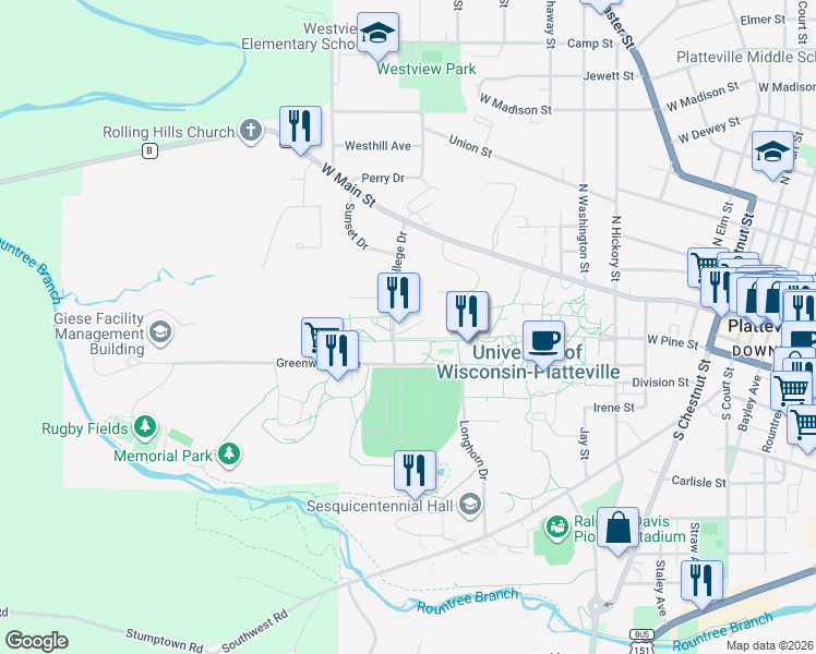 map of restaurants, bars, coffee shops, grocery stores, and more near 1100 Greenwood Avenue in Platteville