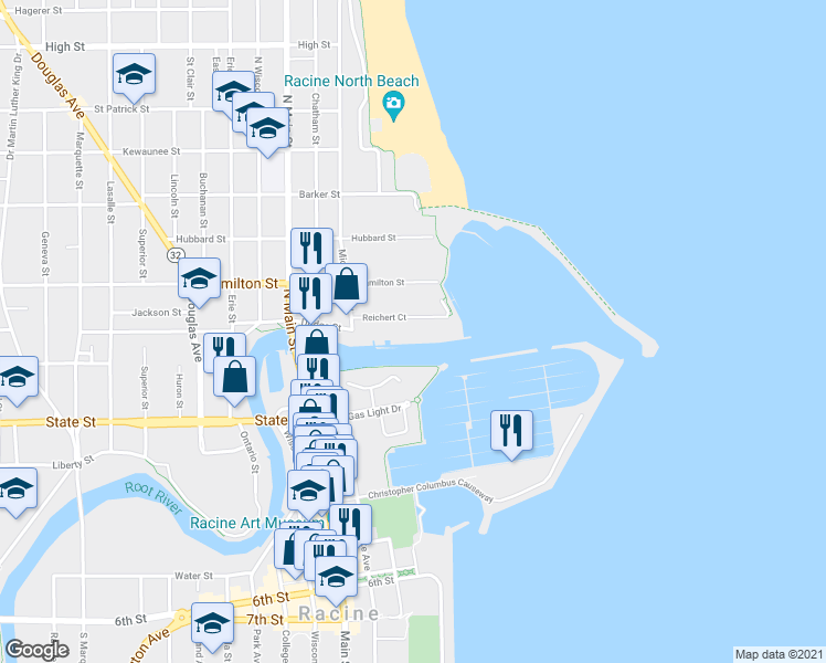 map of restaurants, bars, coffee shops, grocery stores, and more near 39 Reichert Court in Racine