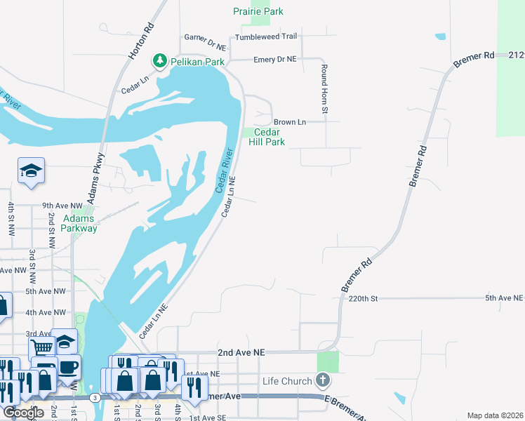 map of restaurants, bars, coffee shops, grocery stores, and more near 956 Cedar Lane Northeast in Waverly