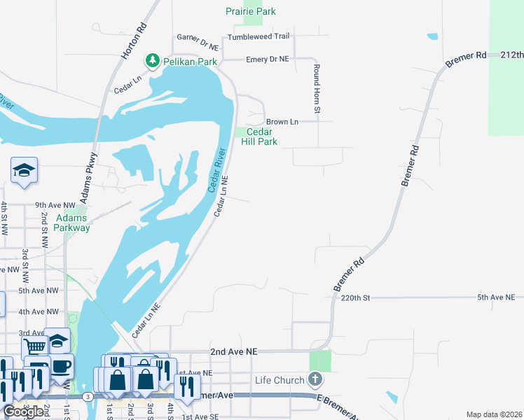 map of restaurants, bars, coffee shops, grocery stores, and more near 956 Cedar Lane Northeast in Waverly