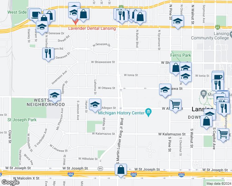 map of restaurants, bars, coffee shops, grocery stores, and more near 115 North Martin Luther King Junior Boulevard in Lansing