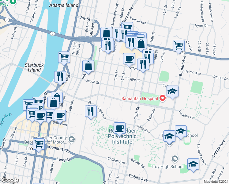 map of restaurants, bars, coffee shops, grocery stores, and more near 1223 Peoples Avenue in Troy
