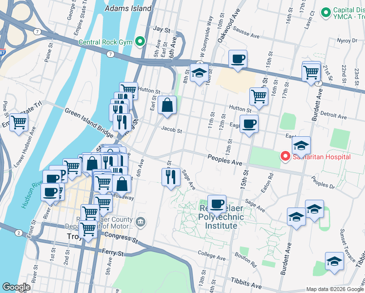 map of restaurants, bars, coffee shops, grocery stores, and more near in Troy