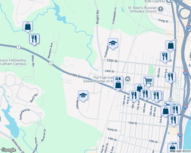 map of restaurants, bars, coffee shops, grocery stores, and more near 1222 19th Street in Watervliet