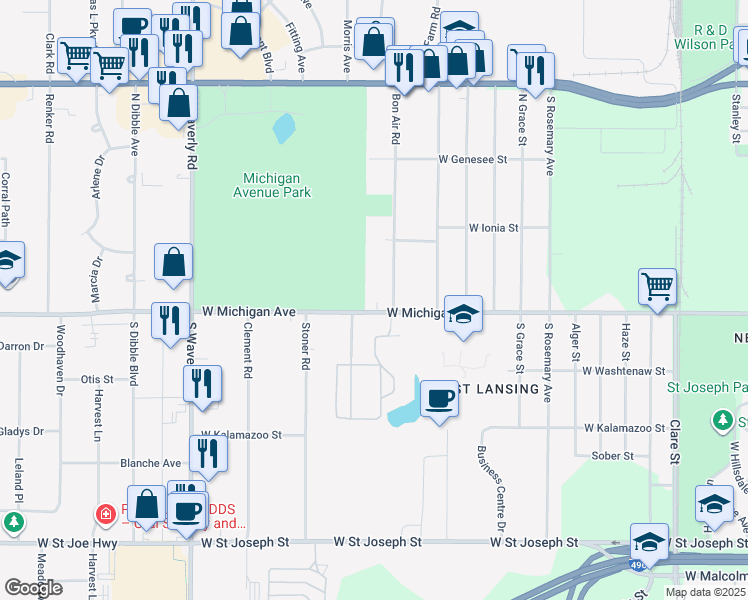 map of restaurants, bars, coffee shops, grocery stores, and more near 3329 West Michigan Avenue in Lansing