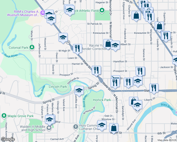 map of restaurants, bars, coffee shops, grocery stores, and more near 1769 Hill Street in Racine