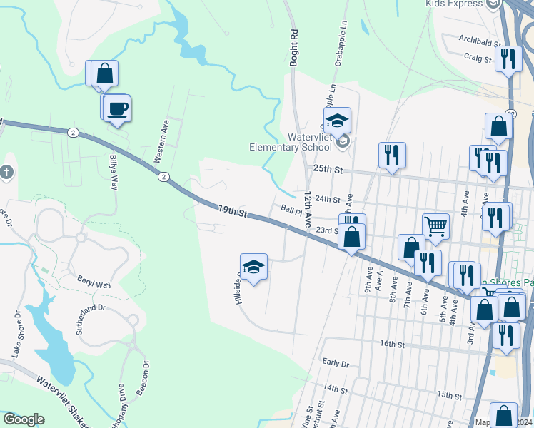 map of restaurants, bars, coffee shops, grocery stores, and more near 1247 19th Street in Watervliet