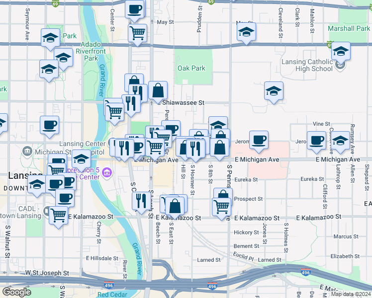 map of restaurants, bars, coffee shops, grocery stores, and more near 735 East Michigan Avenue in Lansing