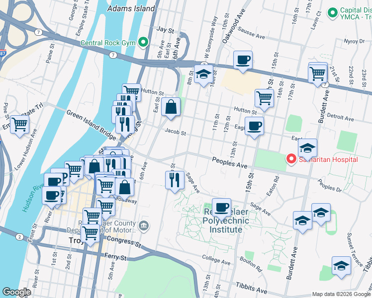 map of restaurants, bars, coffee shops, grocery stores, and more near in Troy
