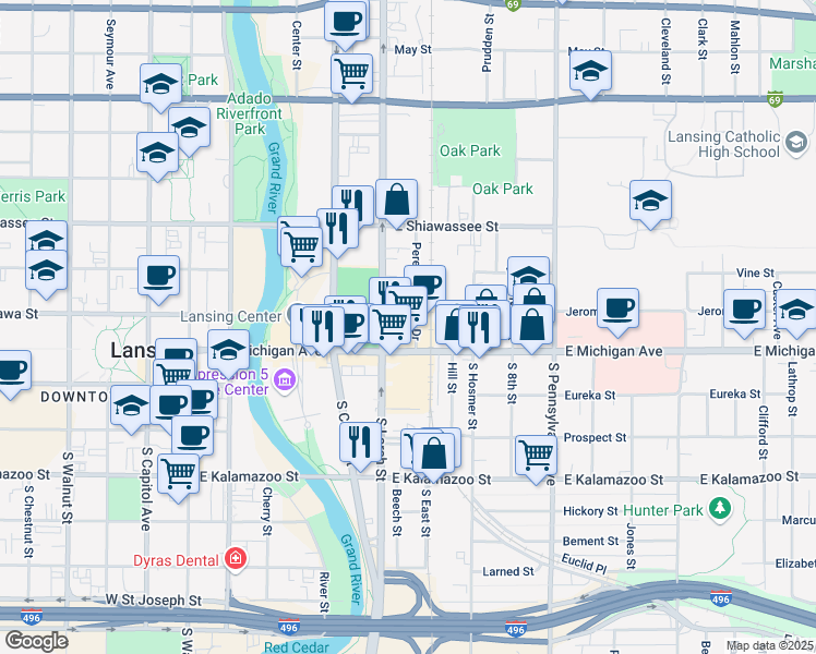 map of restaurants, bars, coffee shops, grocery stores, and more near 17301 East Michigan Avenue in Lansing