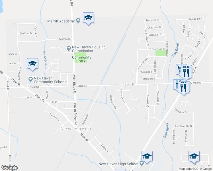 map of restaurants, bars, coffee shops, grocery stores, and more near 31258 Clark Street in New Haven