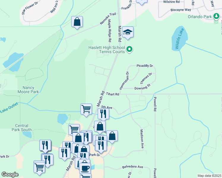 map of restaurants, bars, coffee shops, grocery stores, and more near 5250 Marsh Road in Haslett