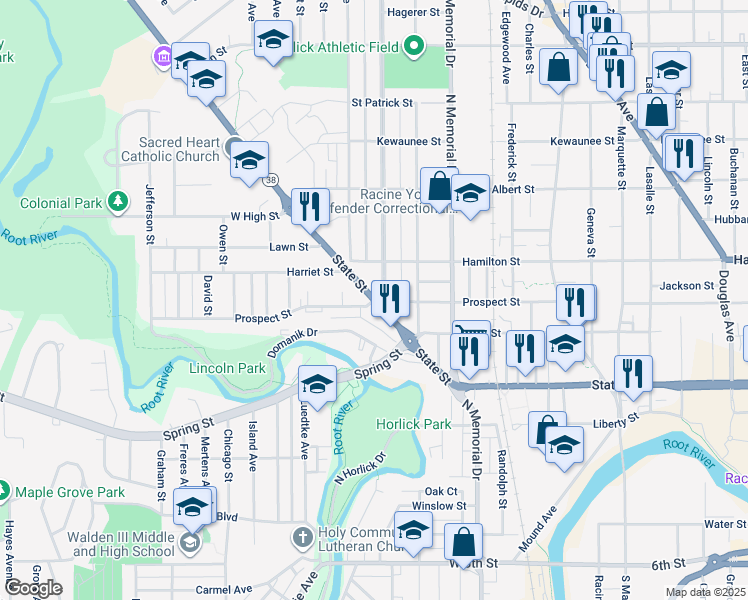 map of restaurants, bars, coffee shops, grocery stores, and more near State St & Prospect St in Racine