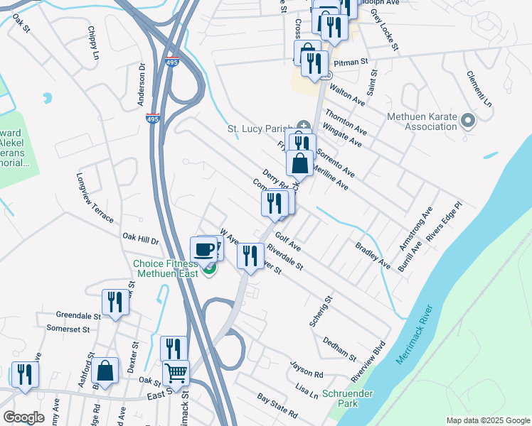map of restaurants, bars, coffee shops, grocery stores, and more near 11 Booth Road in Methuen