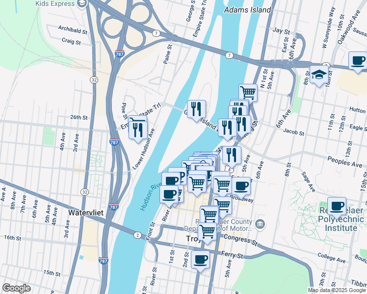 map of restaurants, bars, coffee shops, grocery stores, and more near 20 Starbuck Drive in Green Island