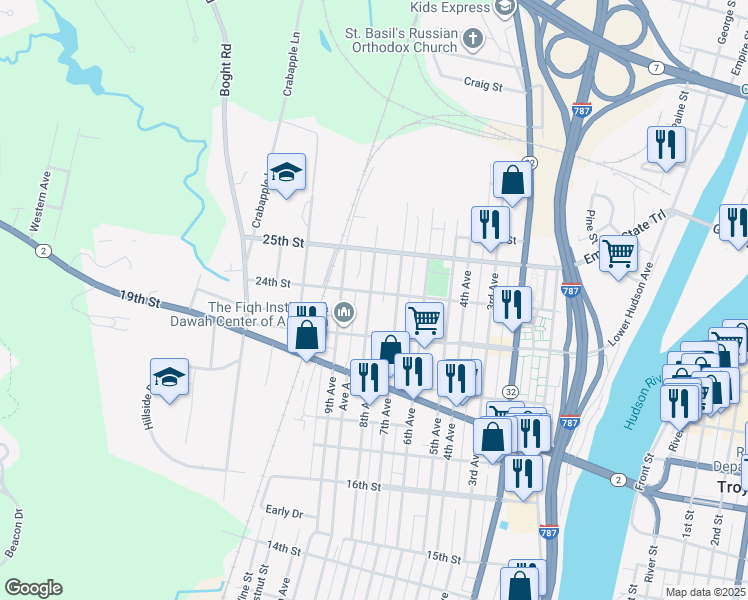 map of restaurants, bars, coffee shops, grocery stores, and more near 2414 8th Avenue in Watervliet