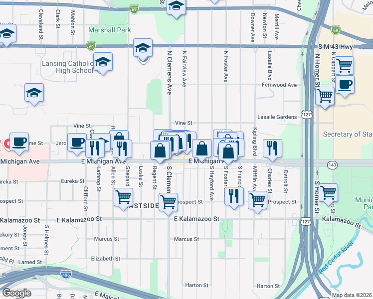 map of restaurants, bars, coffee shops, grocery stores, and more near 205 North Magnolia Avenue in Lansing