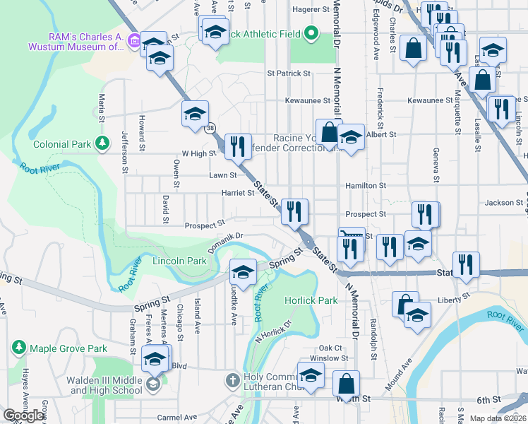 map of restaurants, bars, coffee shops, grocery stores, and more near 1130 Carlisle Avenue in Racine