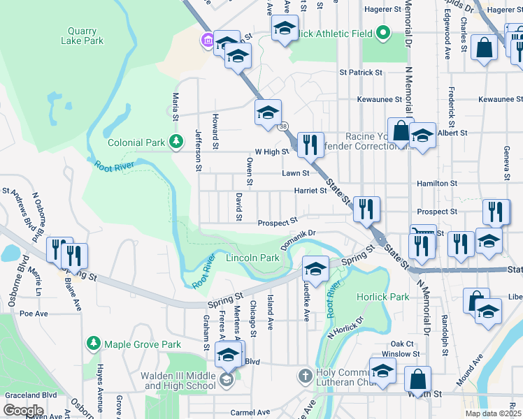 map of restaurants, bars, coffee shops, grocery stores, and more near 2317 Harriet Street in Racine