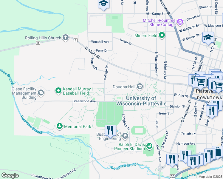 map of restaurants, bars, coffee shops, grocery stores, and more near 5 Preston Drive in Platteville