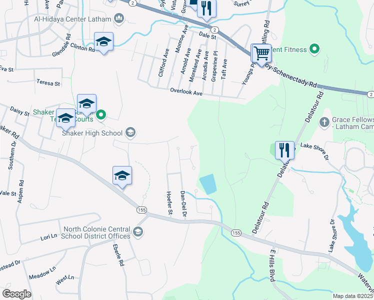 map of restaurants, bars, coffee shops, grocery stores, and more near 33 Dan-Del Drive in Latham