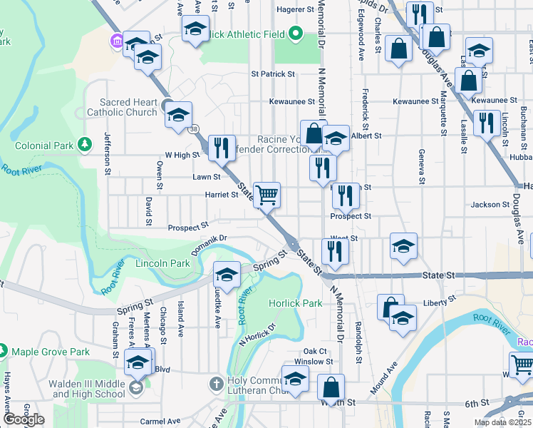map of restaurants, bars, coffee shops, grocery stores, and more near 1800 State Street in Racine