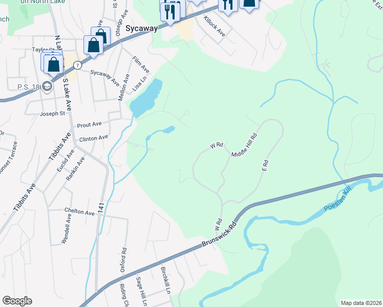 map of restaurants, bars, coffee shops, grocery stores, and more near 18 Ledgestone Road in Troy