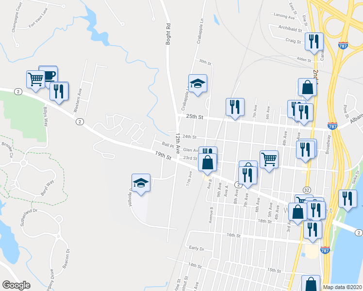 map of restaurants, bars, coffee shops, grocery stores, and more near 2318 12th Avenue in Watervliet