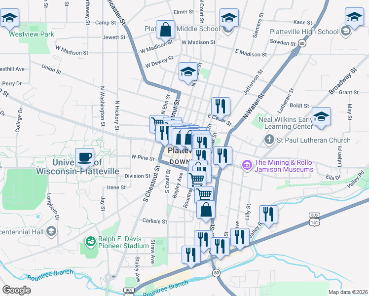 map of restaurants, bars, coffee shops, grocery stores, and more near 75 North Bonson Street in Platteville