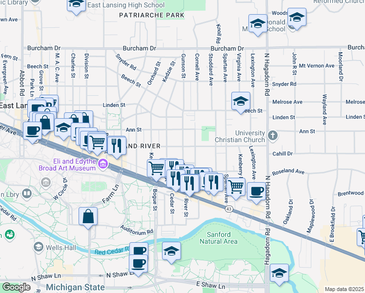 map of restaurants, bars, coffee shops, grocery stores, and more near Albert Ave & Gunson St in East Lansing
