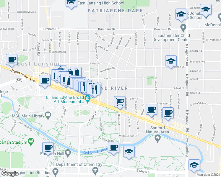 map of restaurants, bars, coffee shops, grocery stores, and more near 813 Albert Avenue in East Lansing