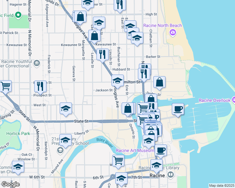 map of restaurants, bars, coffee shops, grocery stores, and more near 1124 Douglas Avenue in Racine