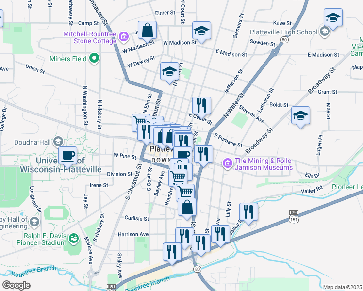 map of restaurants, bars, coffee shops, grocery stores, and more near 60 East Mineral Street in Platteville