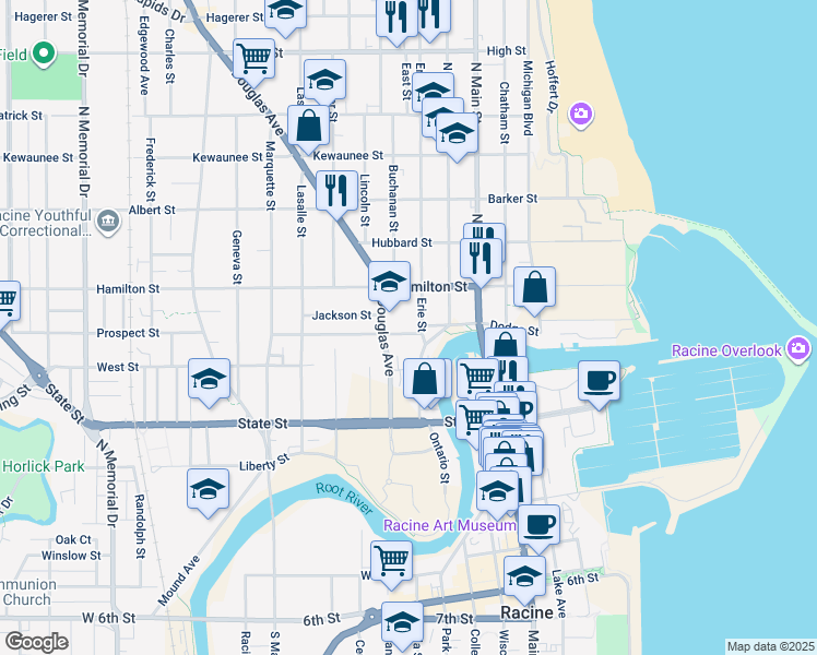 map of restaurants, bars, coffee shops, grocery stores, and more near 1100 Erie Street in Racine