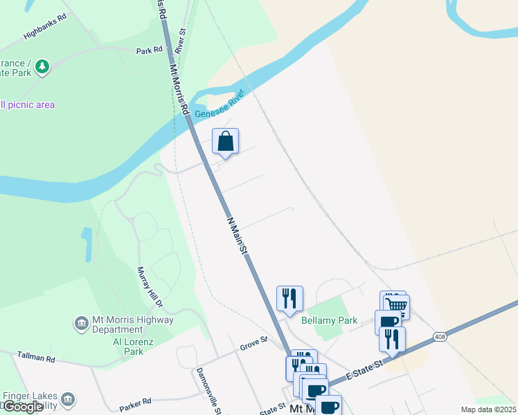 map of restaurants, bars, coffee shops, grocery stores, and more near 14 Shepard Avenue in Mount Morris