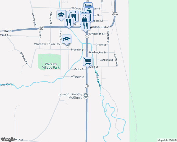 map of restaurants, bars, coffee shops, grocery stores, and more near 6 Allen Street in Warsaw