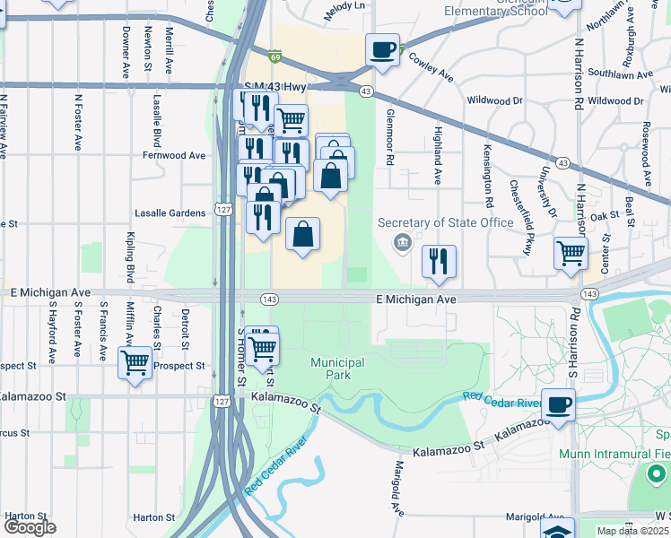 map of restaurants, bars, coffee shops, grocery stores, and more near in Lansing
