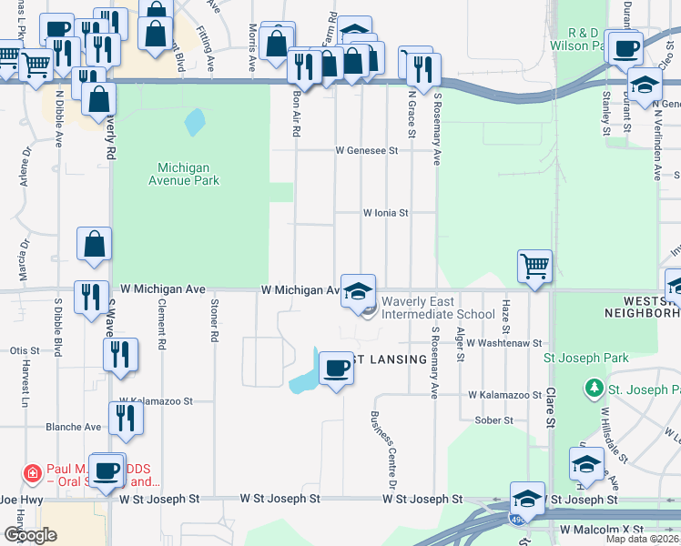 map of restaurants, bars, coffee shops, grocery stores, and more near 202 North Deerfield Avenue in Lansing