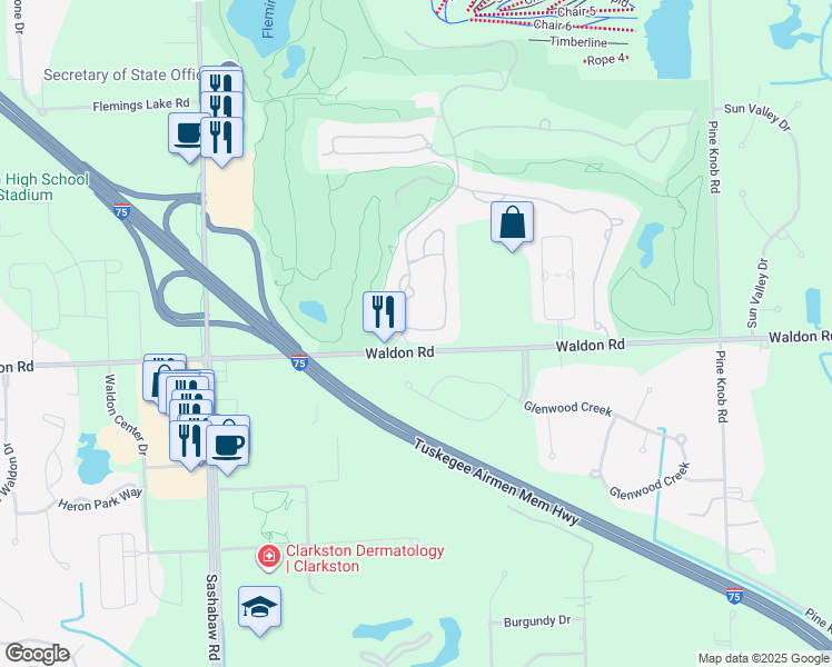 map of restaurants, bars, coffee shops, grocery stores, and more near 6410 Enclave Drive in Clarkston