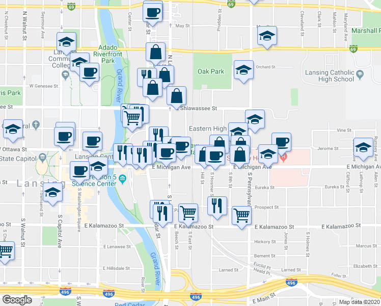 map of restaurants, bars, coffee shops, grocery stores, and more near 637 East Michigan Avenue in Lansing