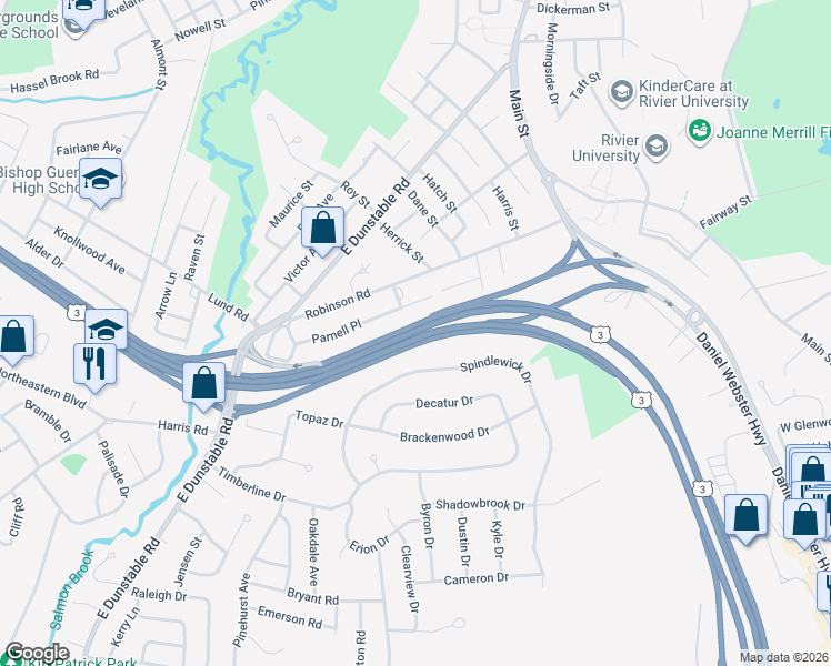 map of restaurants, bars, coffee shops, grocery stores, and more near 82 Parnell Place in Nashua