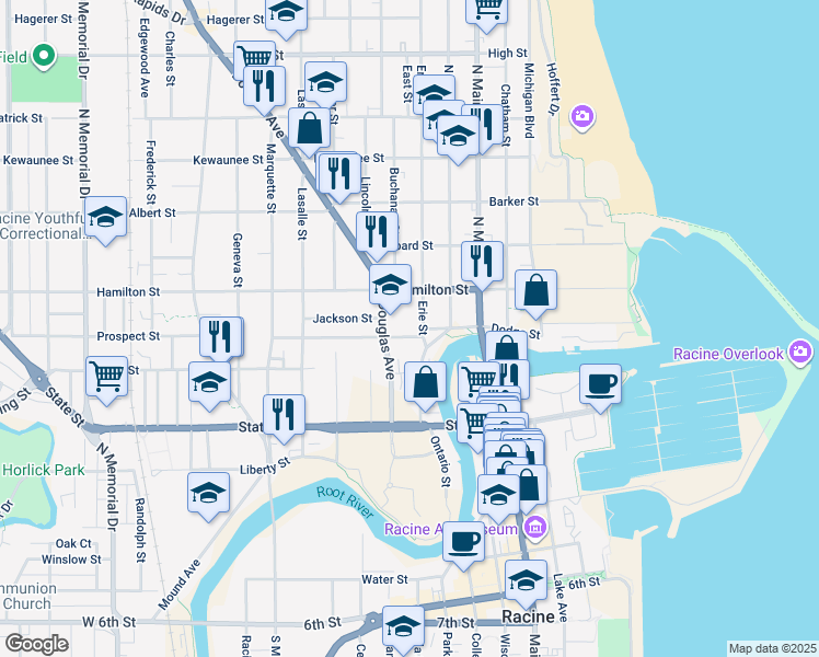 map of restaurants, bars, coffee shops, grocery stores, and more near 1100 Erie Street in Racine