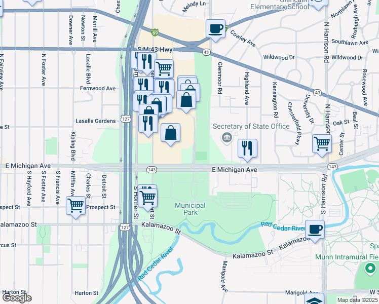 map of restaurants, bars, coffee shops, grocery stores, and more near 3165 East Michigan Avenue in Lansing