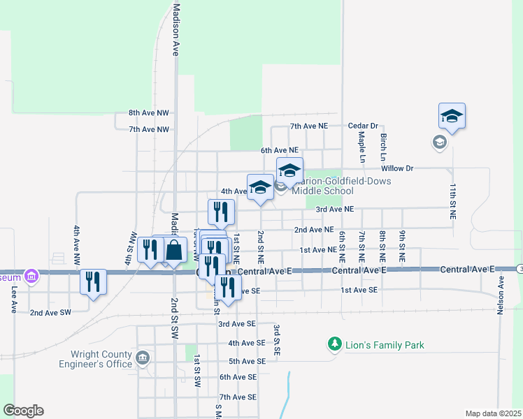 map of restaurants, bars, coffee shops, grocery stores, and more near 301 3rd Avenue Northeast in Clarion
