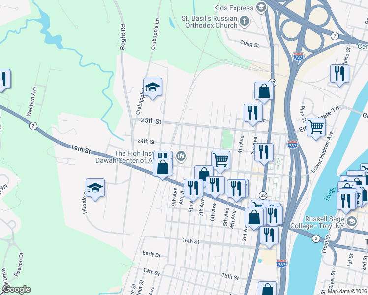 map of restaurants, bars, coffee shops, grocery stores, and more near 816 24th Street in Watervliet