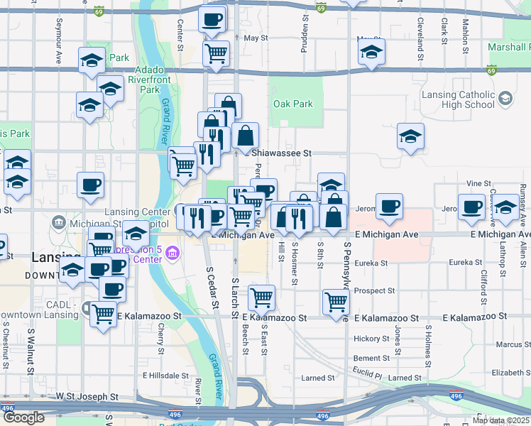 map of restaurants, bars, coffee shops, grocery stores, and more near 637 East Michigan Avenue in Lansing