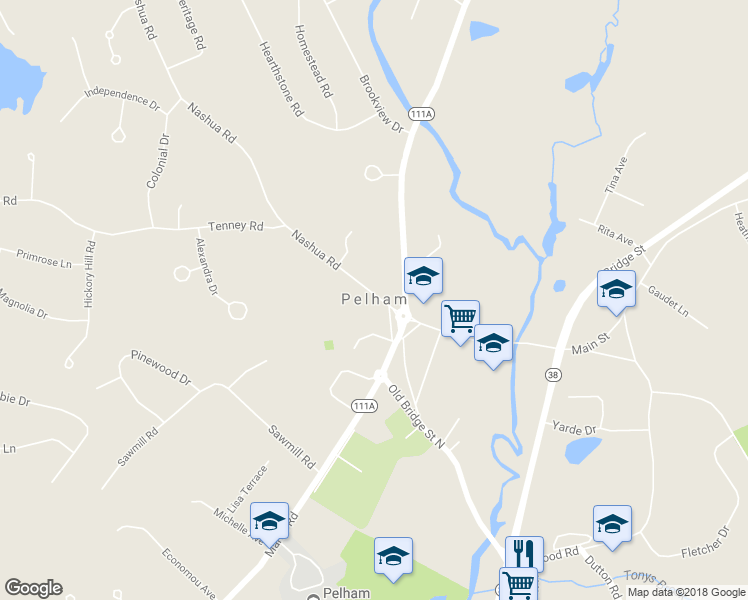 map of restaurants, bars, coffee shops, grocery stores, and more near 17 Nashua Road in Pelham