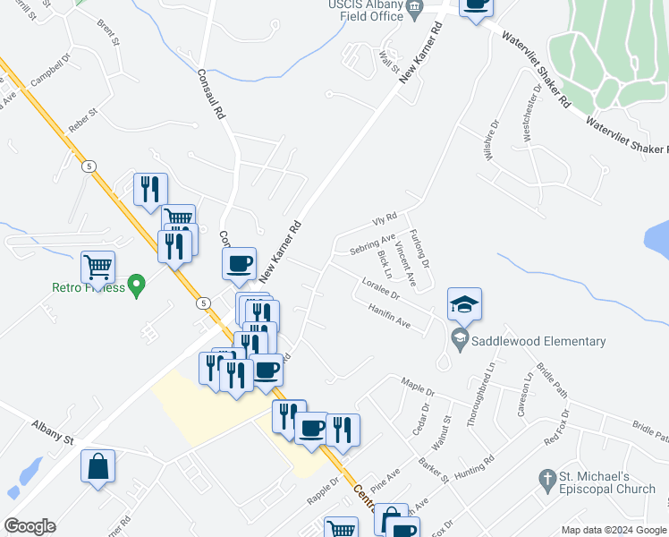 map of restaurants, bars, coffee shops, grocery stores, and more near 44 Vly Road in Albany